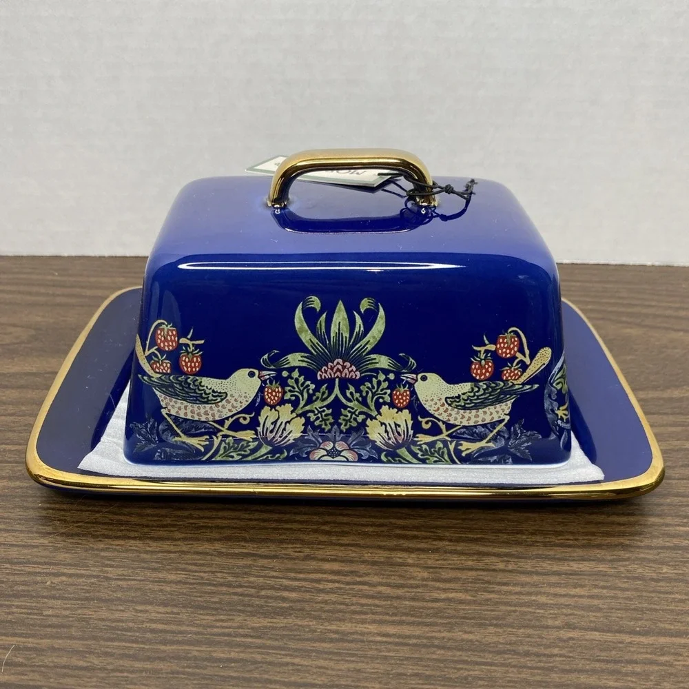 NWT William Morris & Co Strawberry Thief Butter Dish Blue with Gold Trim
